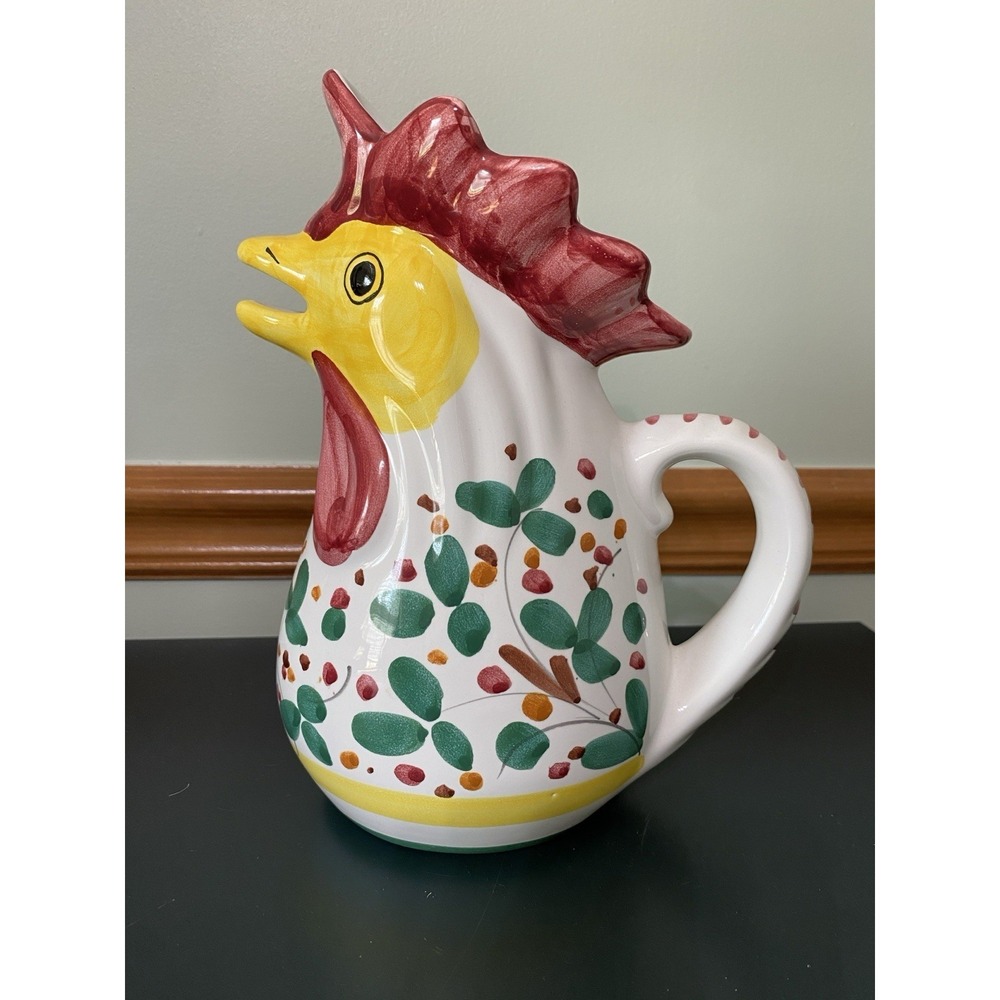 Vintage Deruta Italian Hand Painted Chicken Rooster Ceramic Pitcher Marked Italy
